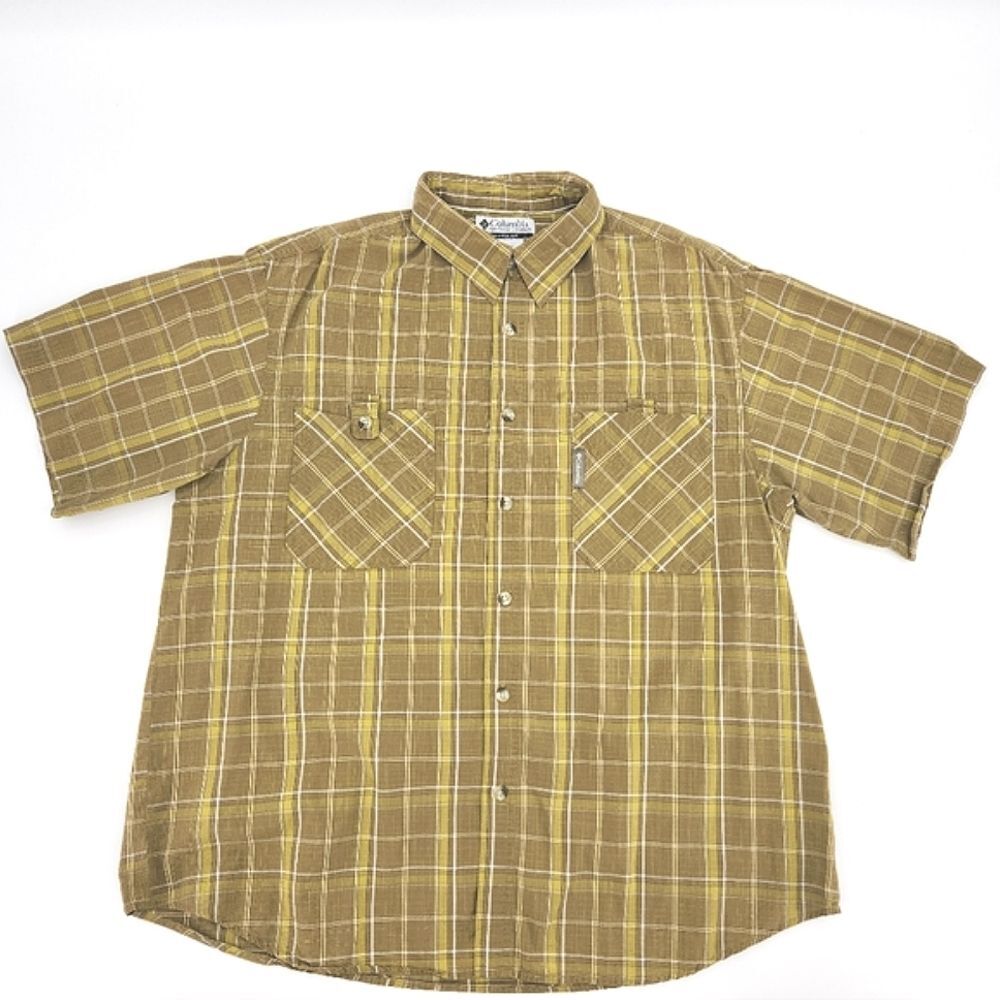 Columbia Shirt Large Mens Yellow Brown Madras Plaid Short Sleeve Button Up Camp